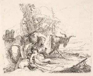 Nainen ja vauvasatiiri maisemassa, nainen kääntyy katsomaan vasemman shokansa yli..., n. 1740-42.
