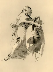 Nainen kumartuu oikealle, mutta katsoo ylöspäin, 1700-luvun puoliväli, 1928