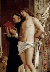 Pyhän Jobin alttaritaulu: Neitsyt ja lapsi kuuden pyhän ja muusikon enkelin kanssa. Yksityiskohta (tempera paneelissa, n. 1487)