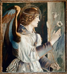 St Vincent Ferrierin polyptyykki: Ilmoituksen enkeli (St Vincent Ferrerin polyptyykki: Ilmoituksen enkeli) Giovanni Bellinin maalaus dit il Giambellinon (n. 1432-1516) 1464-1468 Koko 72x67 cm Santi Gio Paolo Venetsian kirkko