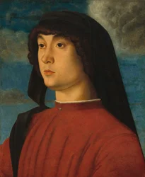 Punapukuisen nuoren miehen muotokuva, noin 1480 (öljy ja tempera paneelille).