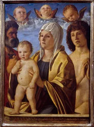 Neitsyt ja Jeesus-lapsi Pyhän Pietarin ja Pyhän Sebastianin välillä Giovanni Bellinin maalaus dit il Giambellinon (1430-1516) 1500-luvun su. 0,82x0,58 m - Neitsyt ja Jeesus-lapsi Pyhän Pietarin ja Pyhän Sebastianin välissä. Giovanni Bellinin maalaus nimelt