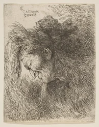 Alaspäin katsovan vanhan miehen pää vasemmalle, sarjasta Pienet päät ..., noin. 1645-1650.