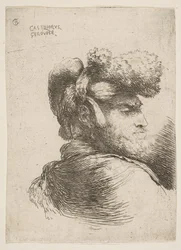 Mies profiilissa oikealle päin, karvahattu yllään, sarjasta Small Heads in Or..., ca. 1645-1650.