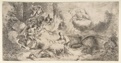 Neitsyt ja lapsi, Jumala isä ylhäällä oikealla, enkelit vasemmalla, n. 1647-50.