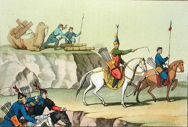 Joukko eteneviä sotilaita, kuvitus Giulio Ferrarion teoksesta "Le Costume Ancien et Moderne", julkaistu noin 1820-30-luvulla (värilitho)