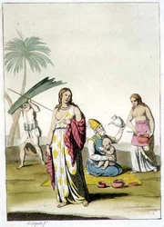 Intiaaniperhe, Jules Ferrarion "Le Costume Ancien et Moderne", julkaistu 1820-30-luvulla (värilitho)
