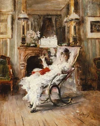 Elegantti nainen pitelee tuuletinta, 1874