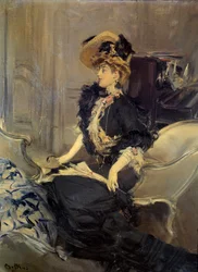 Belle Époque: "Vierailu". Elegantti nuori nainen iltapuvussa.