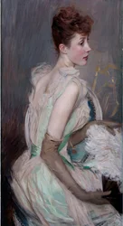 Belle epoque: ""Leussen kreivitär, n. Suzanne Berthier (1868-1936) (kreivitär De Leussen muotokuva, n. Berthier) Giovanni Boldinin (1842-1931) maalaus
