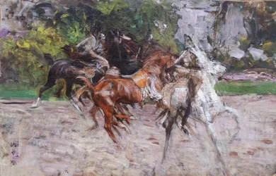 Hevosia Boulognen puistossa, noin 1885 (öljy kartongille).