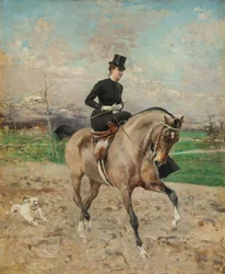 Ratsunainen. Alice Régnault hevosen selässä, 1878.