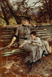 Puutarhassa tai Alaide ja Ottavio Banti, noin 1884, kirjoittanut Giovanni Boldini (1842-1931), öljy paneelille, 34x24 cm
