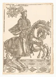 Astolfo hevosen selässä Il Paladin Astolfo (otsikko esineessä)