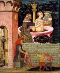 Tarinoita Susannesta, noin 1450, maalatun arkun etupaneeli, Giovanni di Ser Giovanni, joka tunnetaan nimellä Lo Scheggia (1406-1486), tempera puulla Yksityiskohta