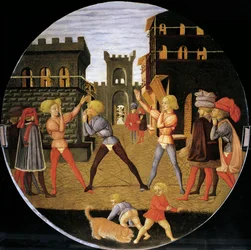 peli nimeltä civettino, yksityiskohta syntymätarjottimen edestä (pyöreä maalaus), noin 1450, Giovanni di Ser Giovanni, joka tunnetaan nimellä Lo Scheggia (1406-1486), tempera puulla
