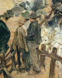Nuorten härkien brändäys Maremmassa, noin 1887, Giovanni Fattori (1825-1908), 86x172 cm, Yksityiskohta