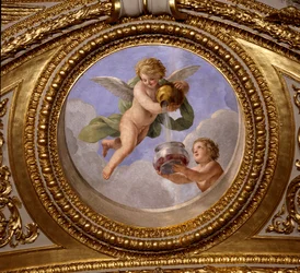 Rakkaus pidättyvyyteen. Giovanni Romanellin (1601-1662) maalaus Itävallan kuningatar Annen (1601-1666) kesäasuntojen makuuhuoneen Antonine Hallin kattoa koristamassa. Noin 1655-1658. Pariisi, Louvre-museo.