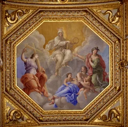 Uskonto ja teologiset hyveet (usko, rakkaus, esperanssi). Giovanni Romanellin (1601-1662) maalaus Itävallan kuningatar Annen (1601-1666) kesäasuntojen makuuhuoneen Antonine Hallin kattoa koristamassa. Noin 1655-1658. Pariisi, Louvre Mus