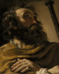 Pyhä Aleksius ruskeassa kääreessä, sauva kädessään