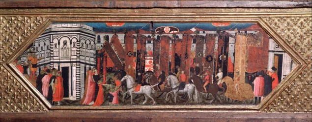 San Giovannin pylväiden kulkue - Puinen arkku, jossa esitykset San Giovanni Battistan juhlasta Firenzessä - Giovanni Toscanin (1370-1430) maalaus, Bargello-museo, Firenze
