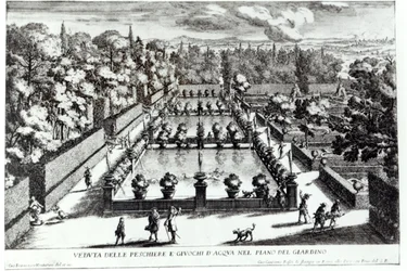 Kalalammet Villa dEstessä, Tivolissa, Giovanni Battista Faldan (n. 1648-1787) Le Fontanen teoksesta, julkaisija 1689