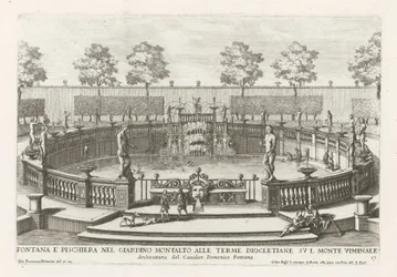 Suihkulähde ja kalalampi Villa Montalton puutarhassa Roomassa Fontana e pischiera nel giardino Montalto alle Terme Diocletiane (...) (otsikko esineessä) Le fontane ne palazzi e ne giardini di Roma (sarjan nimi) Suihkulähteet Ron palatseissa ja puutarhoissa