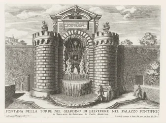 Fontein in de Vaticaanse tuinen Torni suihkulähde Belvederen puutarhassa Paavin palatsissa (...) (otsikko esineessä) Suihkulähteet Rooman palatseissa ja puutarhoissa (sarjan nimi) Fonteinen in de paleizen en tuinen van Rome (sarjan nimi)