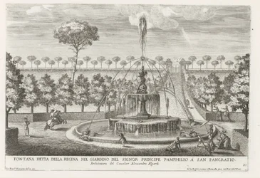 Fontein in de tuinen Villa Doria Pamphilj te Roomassa Kuningattarena tunnettu suihkulähde prinssi Pamphilion puutarhassa San Pancratiossa (otsikko esineessä) Suihkulähteet Rooman palatseissa ja puutarhoissa (sarjan nimi) Fonteinen in de paleizen en tuinen 