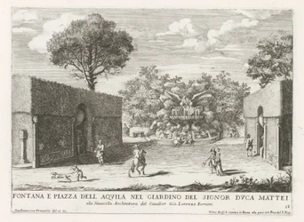 Fontein tapasi adelaarin Rooman Villa Celimontanan tuisessa Suihkulähde ja piazza del aquila herttua Mattein puutarhassa (...) (otsikko esineessä) Suihkulähteet Rooman palatseissa ja puutarhoissa (sarjan nimi) Fonteinen in de paleizen en tuinen van R