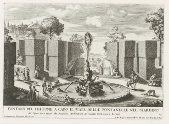 Fontein tapasi tritonin de tuinen van de Villa Celimontana te Roomassa Triton-suihkulähde puutarhan suihkulähteiden kadun päässä (...) (otsikko esineessä) Suihkulähteet Rooman palatseissa ja puutarhoissa (sarjan nimi) Fonteinen in de paleizen en tuinen van