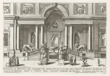 Loggia ja Villa Medici Roomassa Merkuriuksen suihkulähde Toscanan suurherttuan puutarhassa Trinita de Montissa (...) (otsikko esineessä) Suihkulähteet Rooman palatseissa ja puutarhoissa (sarjan nimi) Fonteinen in de paleizen en tuinen van Rome (se