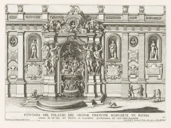 Nymphaeum Palazzo Borghesen binnenplaatsilla Roomassa Suihkulähde prinssi Borghesen palatsissa Roomassa (...) (otsikko esineessä) Suihkulähteet Rooman palatseissa ja puutarhoissa (sarjan nimi) Fonteinen in de paleizen en tuinen van Rome (sarja