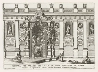 Nymphaeum in de binnenplaats van het Palazzo Borghese te Rome Suihkulähde Signor prencipe Borghesen palatsissa Roomassa (...) (otsikko esineessä) Suihkulähteet Rooman palatseissa ja puutarhoissa (sarjan nimi) Fonteinen in de paleizen en tuinen van Rome (sa
