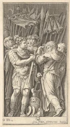 Sotilaat, yksi edessä ja miekka kädessään, oikealla sotilas ba..., n. 1650-1700.