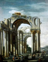 Capriccio klassisten raunioiden ja hahmojen välillä (öljy kankaalle)