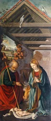 Lapsen palvominen, triptyykin keskimmäinen paneeli, jossa on syntymäkuvaus, jossa on pyhimykset Franciscus ja Bartolomeus sekä kaksi lahjoittajaa.