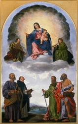 Madonna kunniassa Kristuslapsen kanssa, Kaksi enkeliä, muusikoita, Pyhä Pietari, St. Dominic, St. Paul ja St. Hieronymus (Pesaron alttaritaulu)