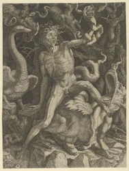 Fury personoitui vanhaksi mieheksi, joka ratsastaa hirviöllä, pitelee kalloa vasemmassa kädessään, noin 1520-39.