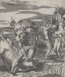 Hercules voitti jokijumalan Achelouksen härän muodossa, kolmen naisen kanssa..., n. 1526-27.