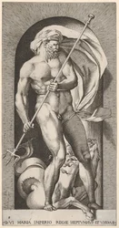 Levy 5: Neptunus seisoo syvennyksessä pitelemässä kolmioharrasta, jossa on hippokampuksen merihevonen beh..., 1526.