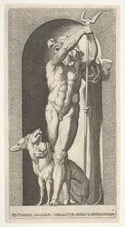 Levy 7: Pluto nichessä, kädessään bidentti, jonka vieressä on Cerberus, sarjasta m..., 1526.