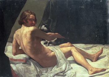 Nuori mies makaamassa vuoteella kissan kanssa, 1620
