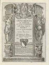 Otsikkopainatus allegorisilla hahmoilla ja putilla Modernit ja muinaiset monumentit ja rakennukset Roomassa (sarjan nimi) Ornamenti di fabriche antichi et moderni dell