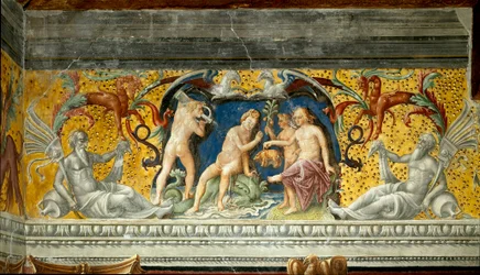 Merijumalalle tarjotaan pieni villisia Yksityiskohta Giovanni Maria Falconettolle (1468-1534) 1520 kuuluvasta friisistä Mantovan ympärillä, Palazzo d