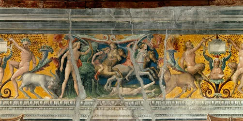 Apollo tappaa nuolilla Niobideja, Nioben poikaa Giovanni Maria Falconetton (1468-1534) friisin yksityiskohta 1520 Mantovan ympärillä, Palazzo d
