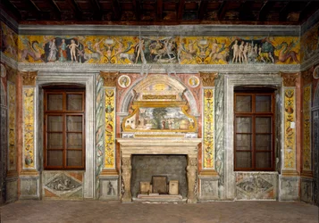 Horoskooppimerkki: "" Tasapaino""" Päällä medaljongit keisarit Hadrianuksen ja Antonin hurskaan muotokuvilla. Fresko on huonontunut. Giovanni Maria Falconettolle (1468-1534) kuuluva fresko 1520 Mantovan ympäristössä, Palazzo d
