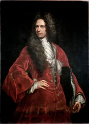 Muotokuva herrasmiehestä punaisessa puvussa Giovanni Maria Delle Pianen maalaus dit il Mulinaretto (1660-1745) Koko 132x97 cm Genes Musei di Strada Nuova (ex Palazzo Bianco)