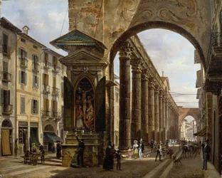 Pyhän Laurentiuksen pylväät Milanossa, Giovanni Migliara (1785-1837), öljy kankaalle, 40x31 cm
