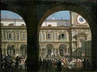 Domenico Pino puhuu yleisölle Mercanti-aukiolla Milanossa 21. huhtikuuta 1814 (maalaus